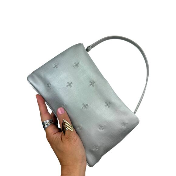 Vintage Handbags - Y2K metallic woven nylon silver mini bag with embroidered crosses